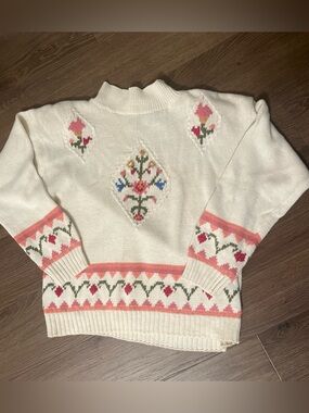 jason maxwell Cream Knit Turtleneck Sweater with Pink Floral Motifs